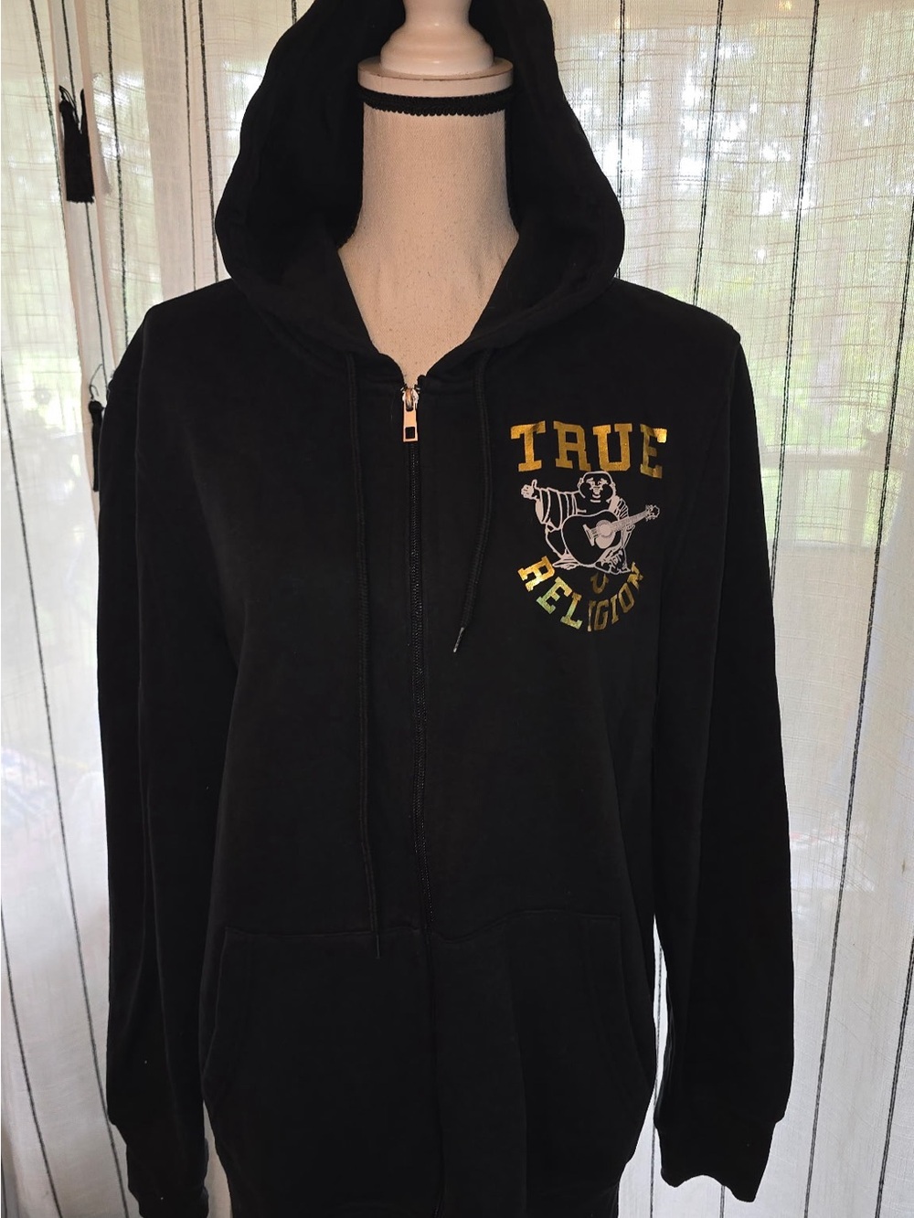 True Religion Black Zip-Up Hoodie with Gold & White Graphic